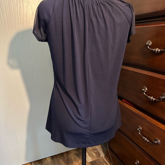 Vintage Suzie short sleeve navy polyester top, sheer sleeves, tie on front, L - Picture 3 of 4